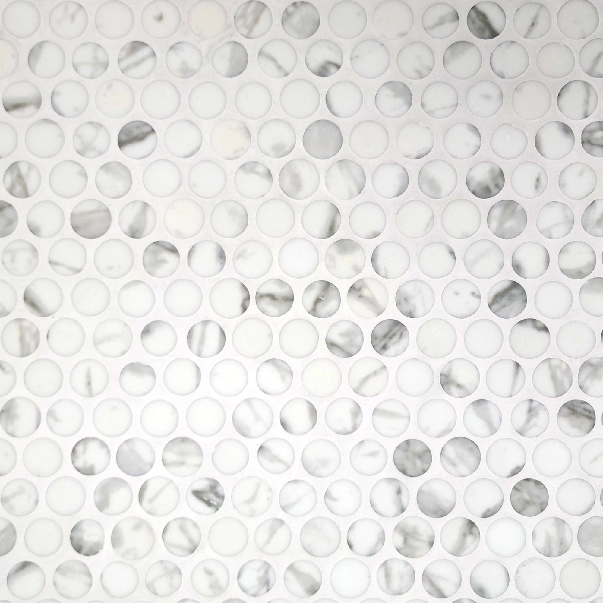 Penny Round Carrara White Recycled Glass Floor and Wall Mosaic Tile