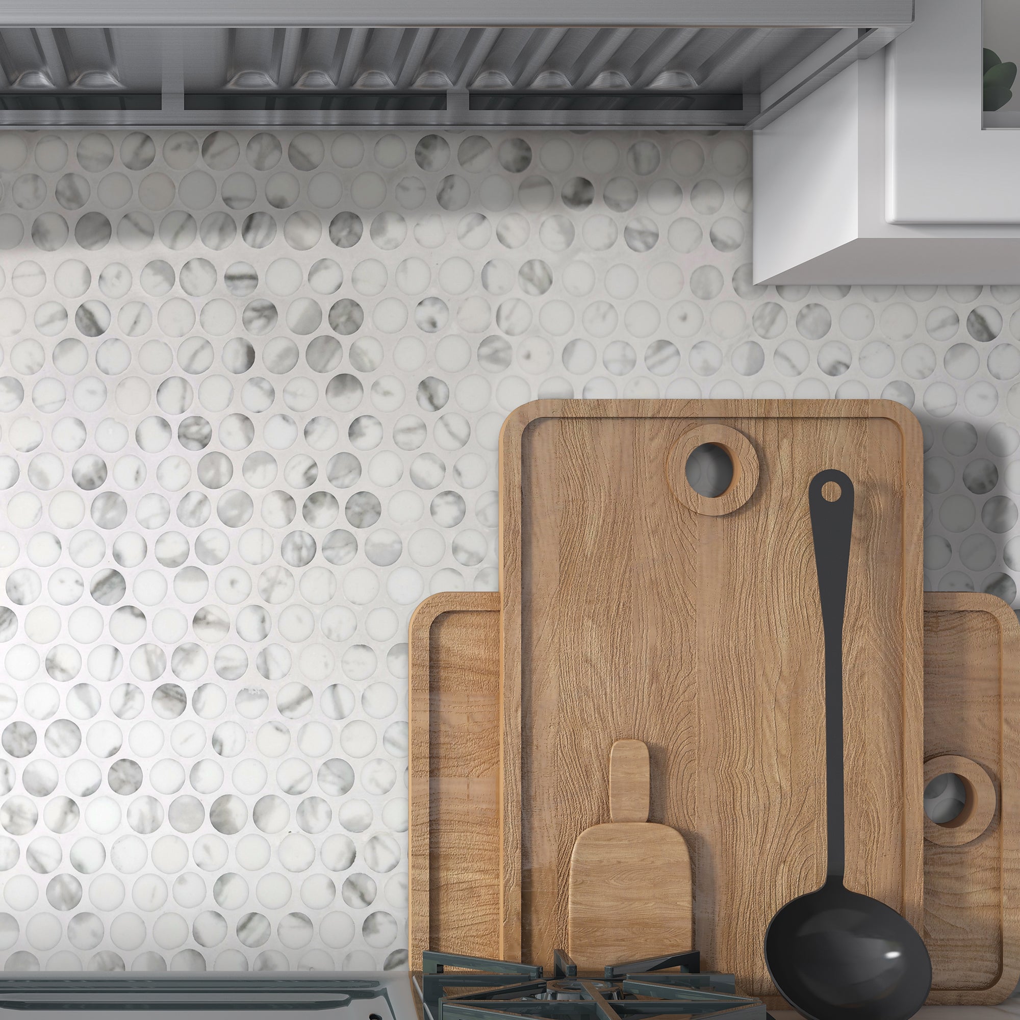 Penny Round Carrara White Recycled Glass Floor and Wall Mosaic Tile