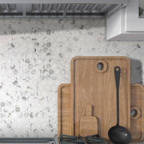 Penny Round Carrara White Recycled Glass Floor And Wall Mosaic Tile