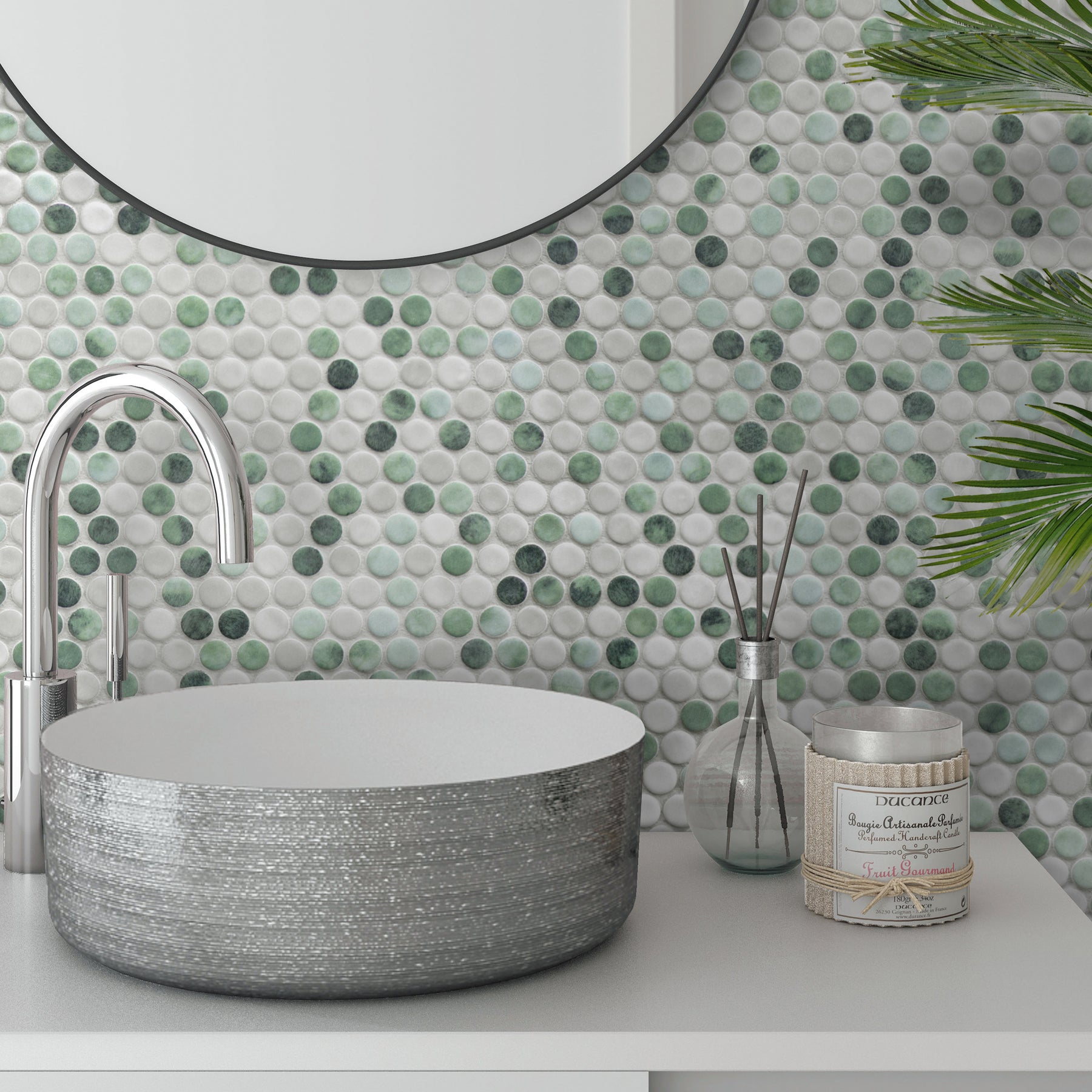 Penny Round Green Recycled Glass Floor and Wall Mosaic Tile