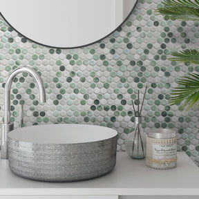 Penny Round Green Recycled Glass Floor and Wall Mosaic Tile