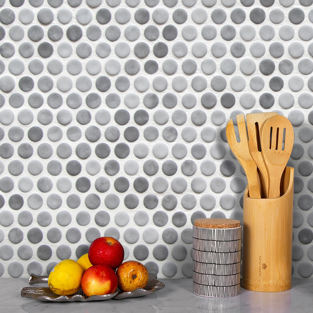 Penny Round Gray Mixed Recycled Glass Floor And Wall Mosaic Tile