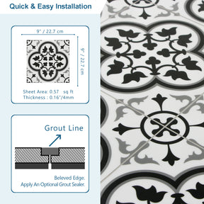 9" x 9" Patterned Black and White Peel and Stick Backsplash Wall and Floor Tile