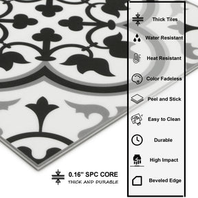 9" x 9" Patterned Black and White Peel and Stick Backsplash Wall and Floor Tile