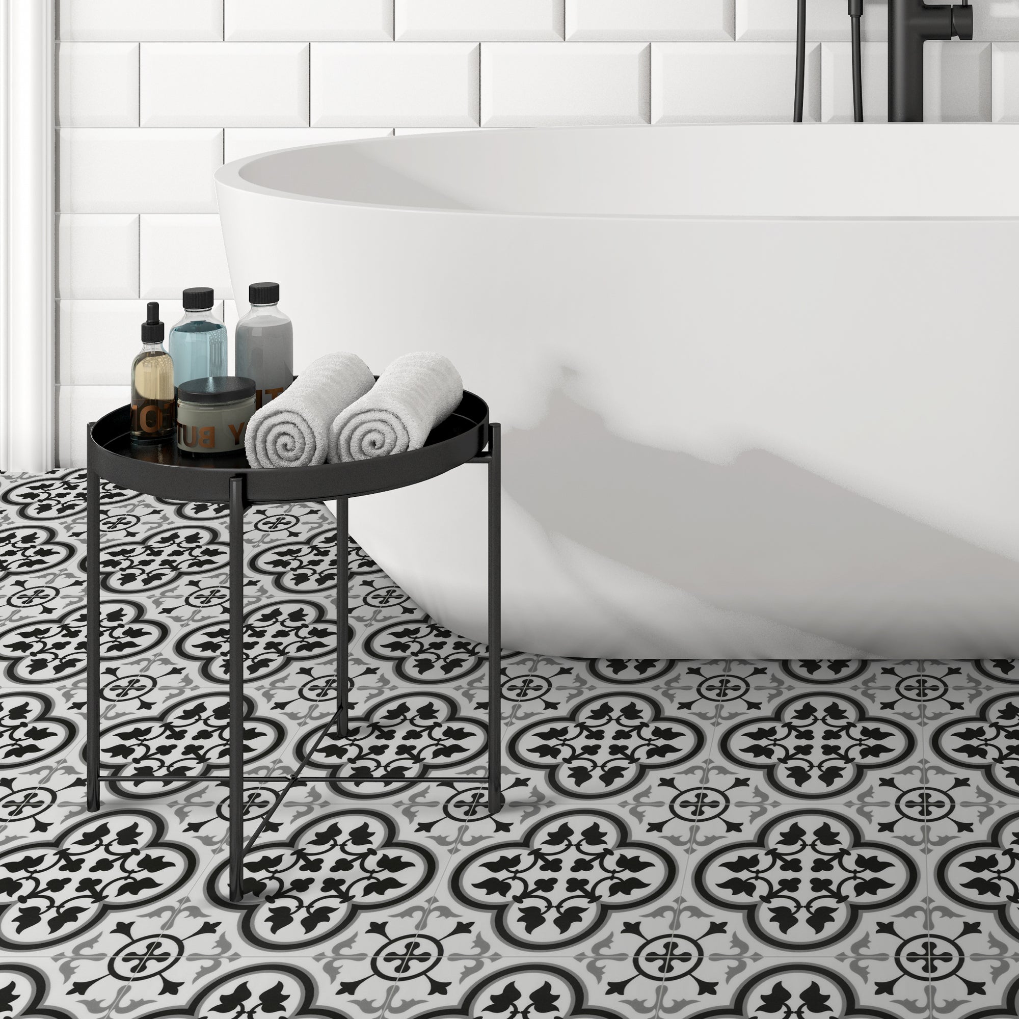 9" x 9" Patterned Black and White Peel and Stick Floor and Wall Tile
