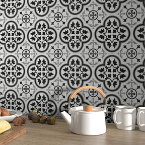 9" x 9" Patterned Black and White Peel and Stick Backsplash Wall and Floor Tile