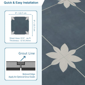 9" x 9" Flower Blue Peel and Stick Backsplash Wall and Floor Tile