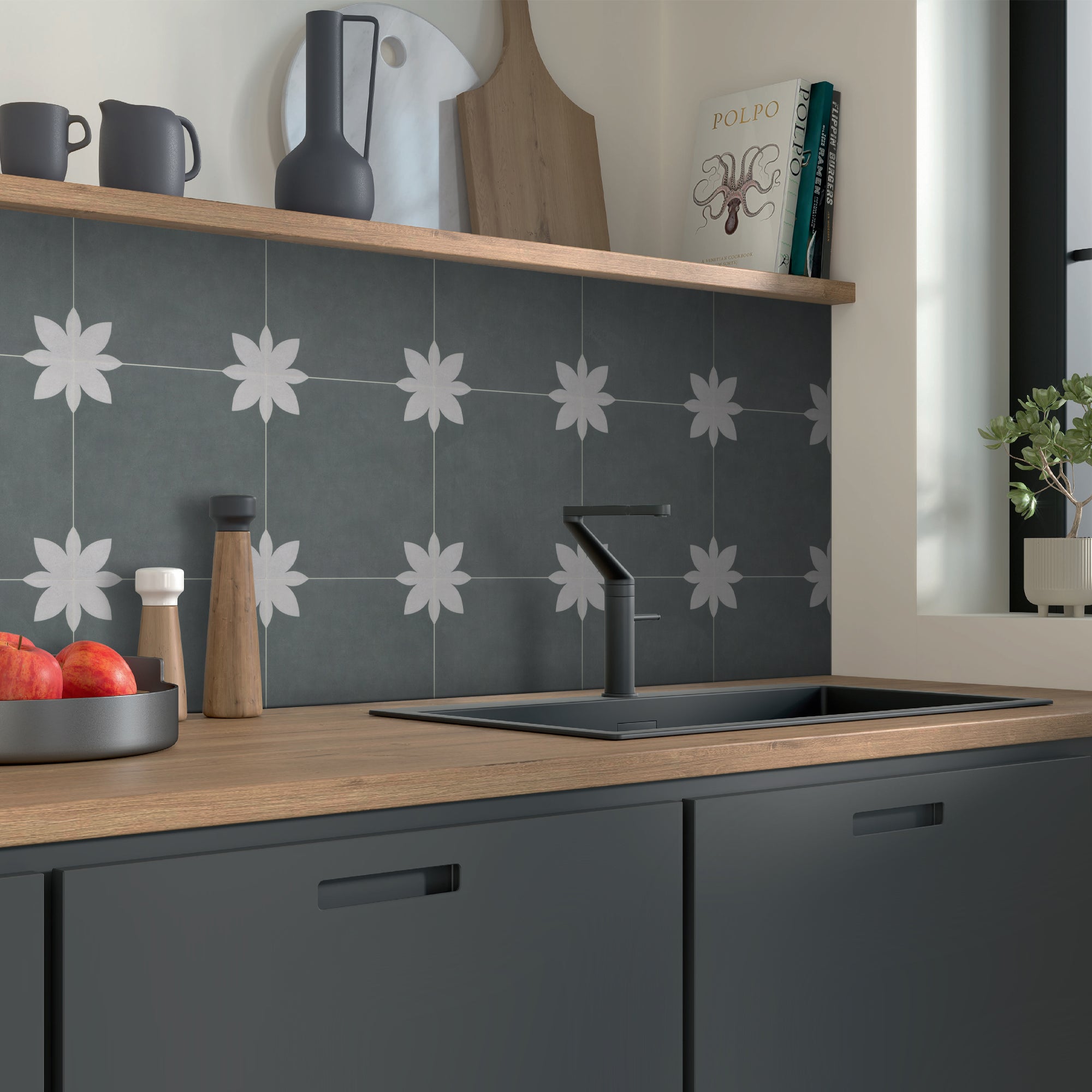 9" x 9" Flower Gray Peel and Stick Backsplash Wall and Floor Tile