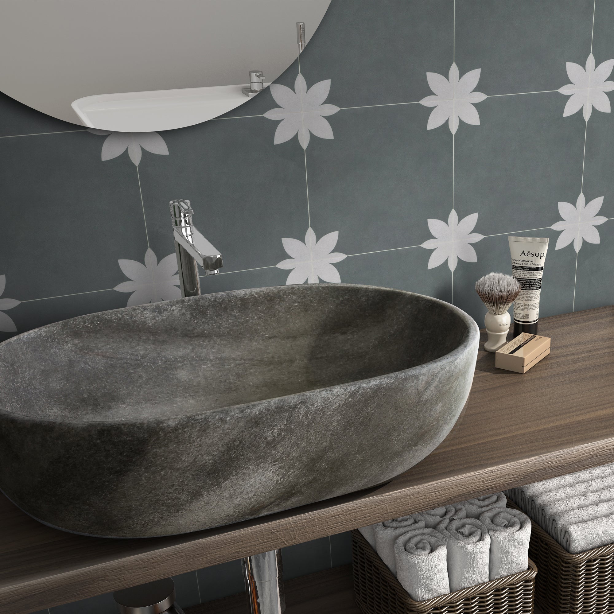 9" x 9" Flower Gray Peel and Stick Backsplash Wall and Floor Tile