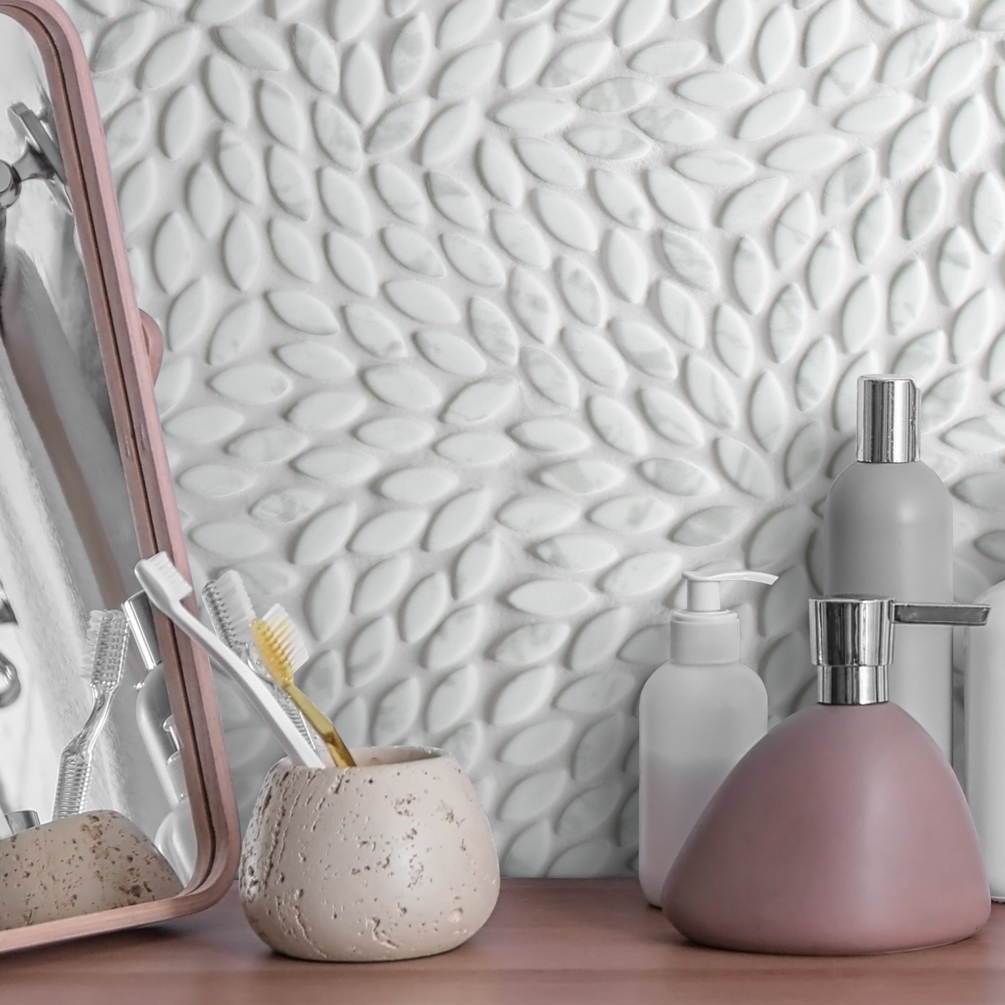 Flower Carrara White Recycled Glass Floor and Wall Mosaic Tile