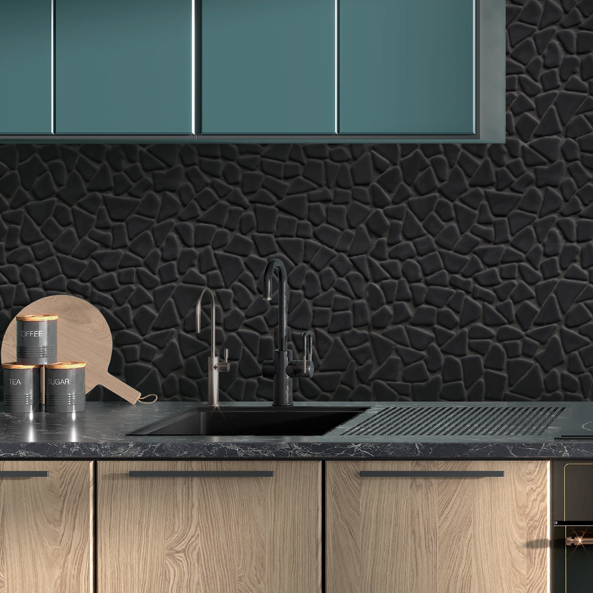 Pebble Rock Black Recycled Glass Floor and Wall Mosaic Tile