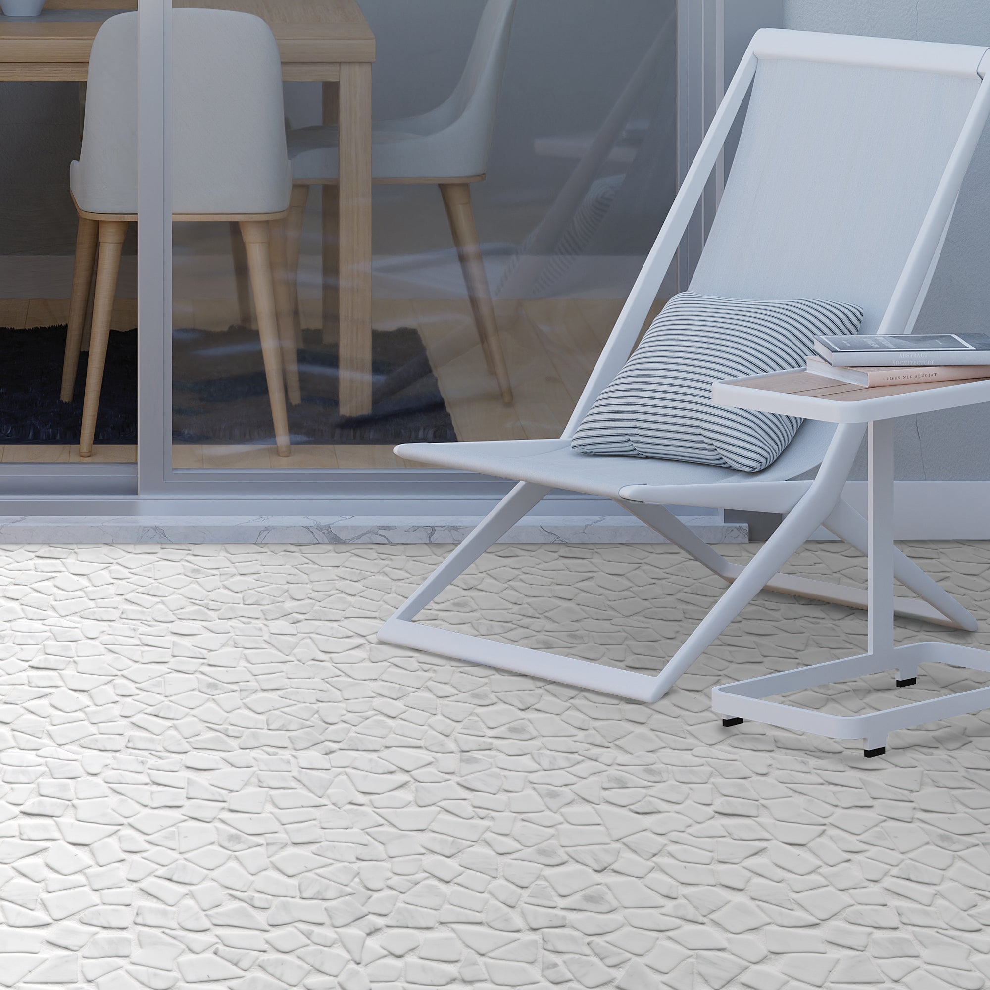 Pebble Rock Carrara White Recycled Glass Floor and Wall Mosaic Tile