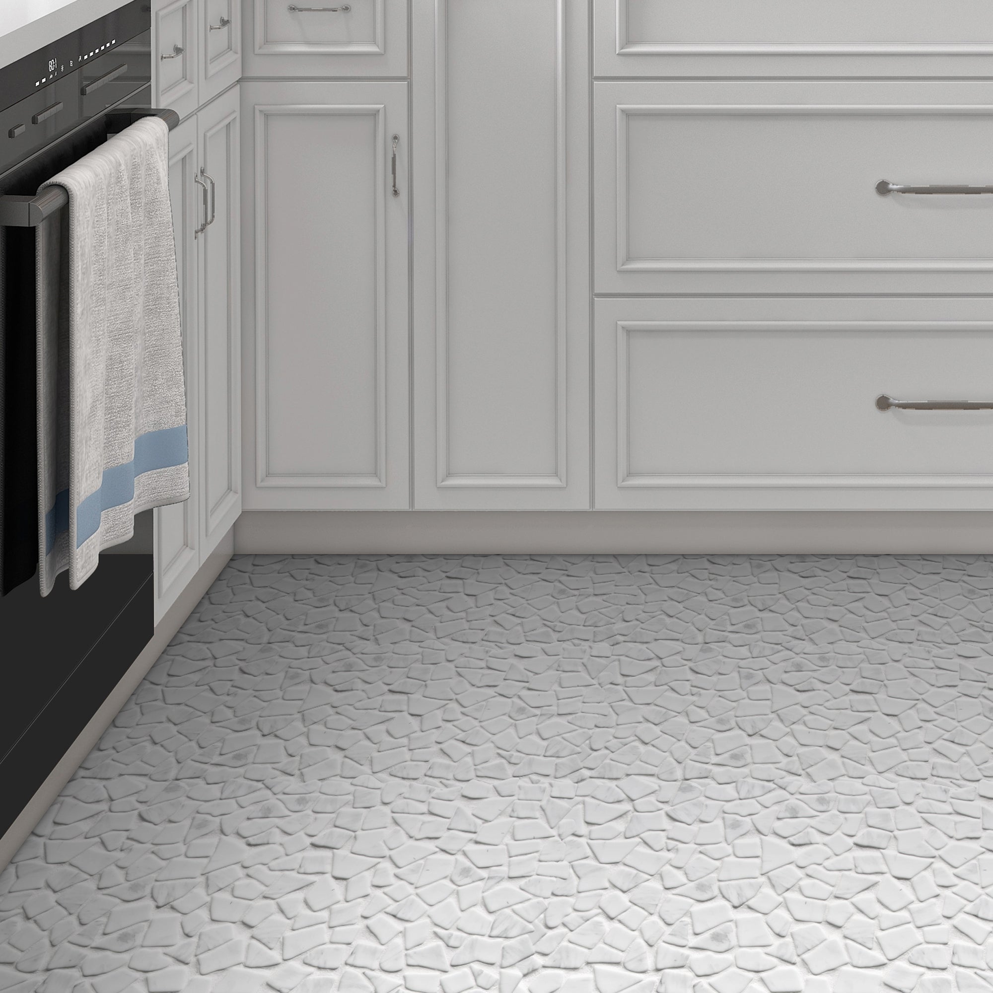 Pebble Rock Carrara White Recycled Glass Floor and Wall Mosaic Tile