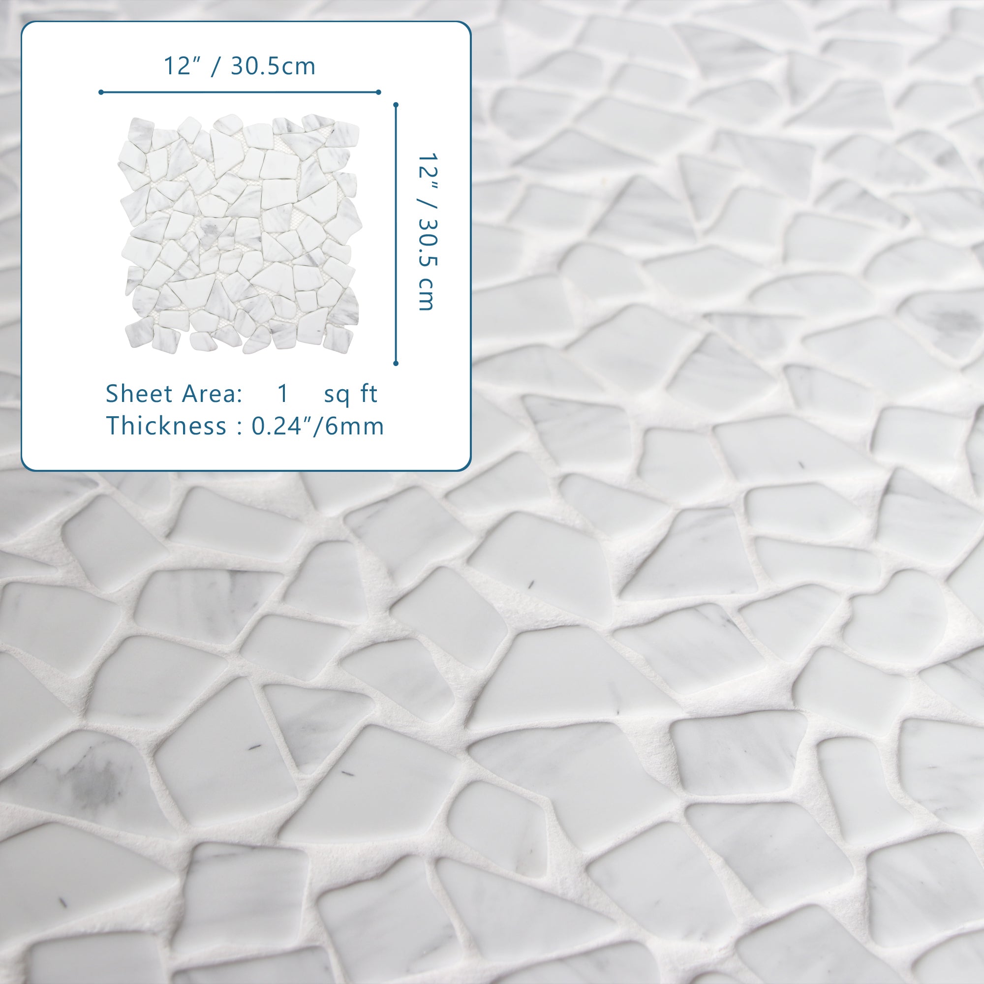 Pebble Rock Carrara White Recycled Glass Floor and Wall Mosaic Tile