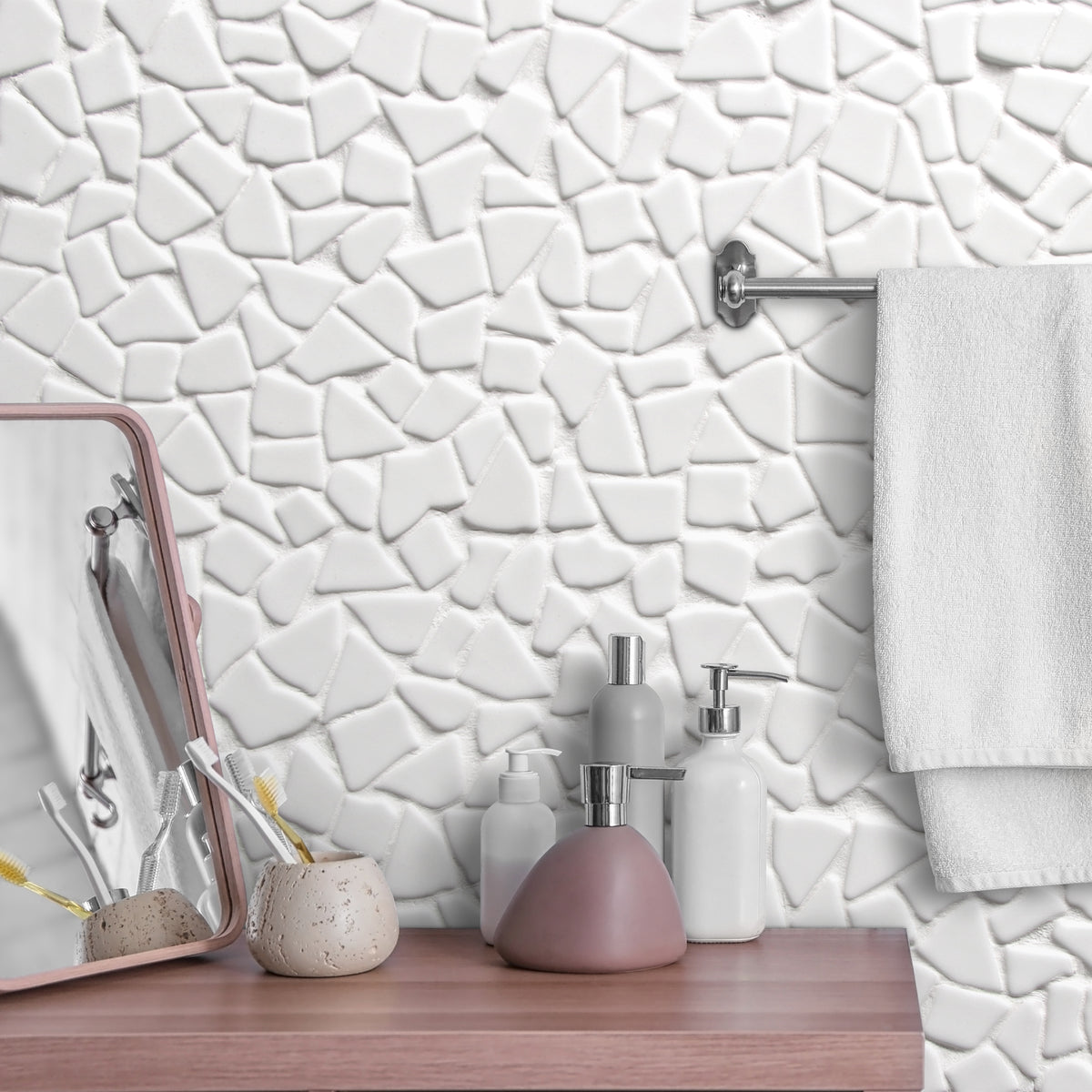 Pebble Rock White 12"x12" Recycled Glass Floor and Wall Mosaic Tile