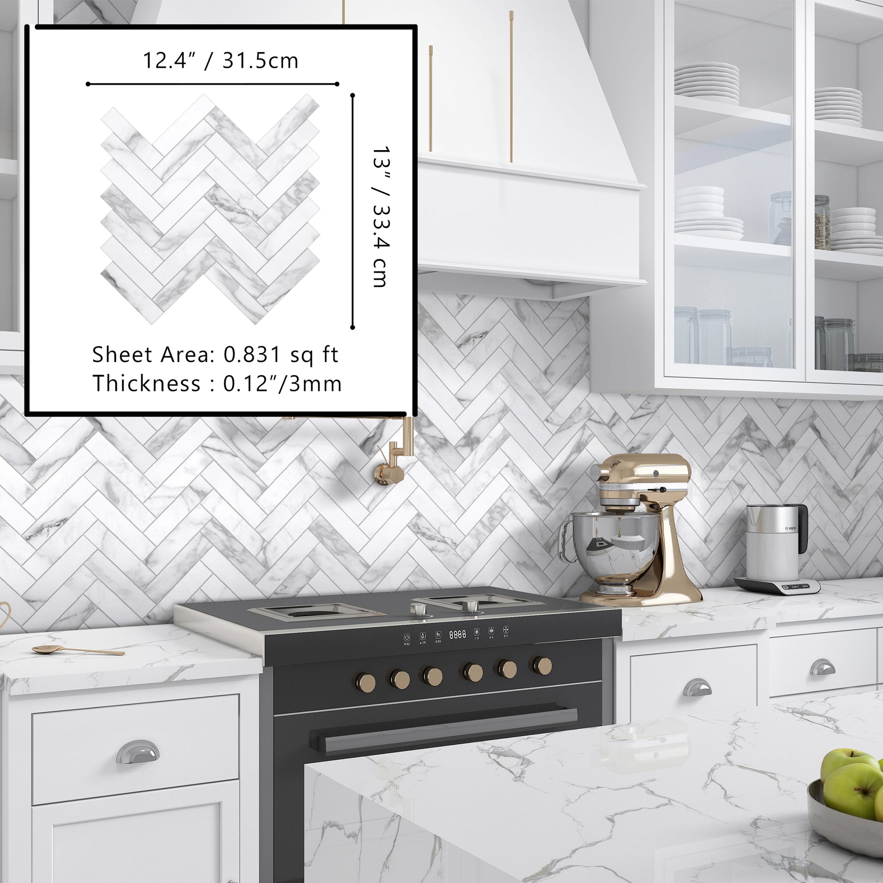 thumbnail image 2 of AllDecoo Peel And Stick Kitchen Backsplash - Herringbone Pattern White Tile, 10-Sheet Pack 2 of 12