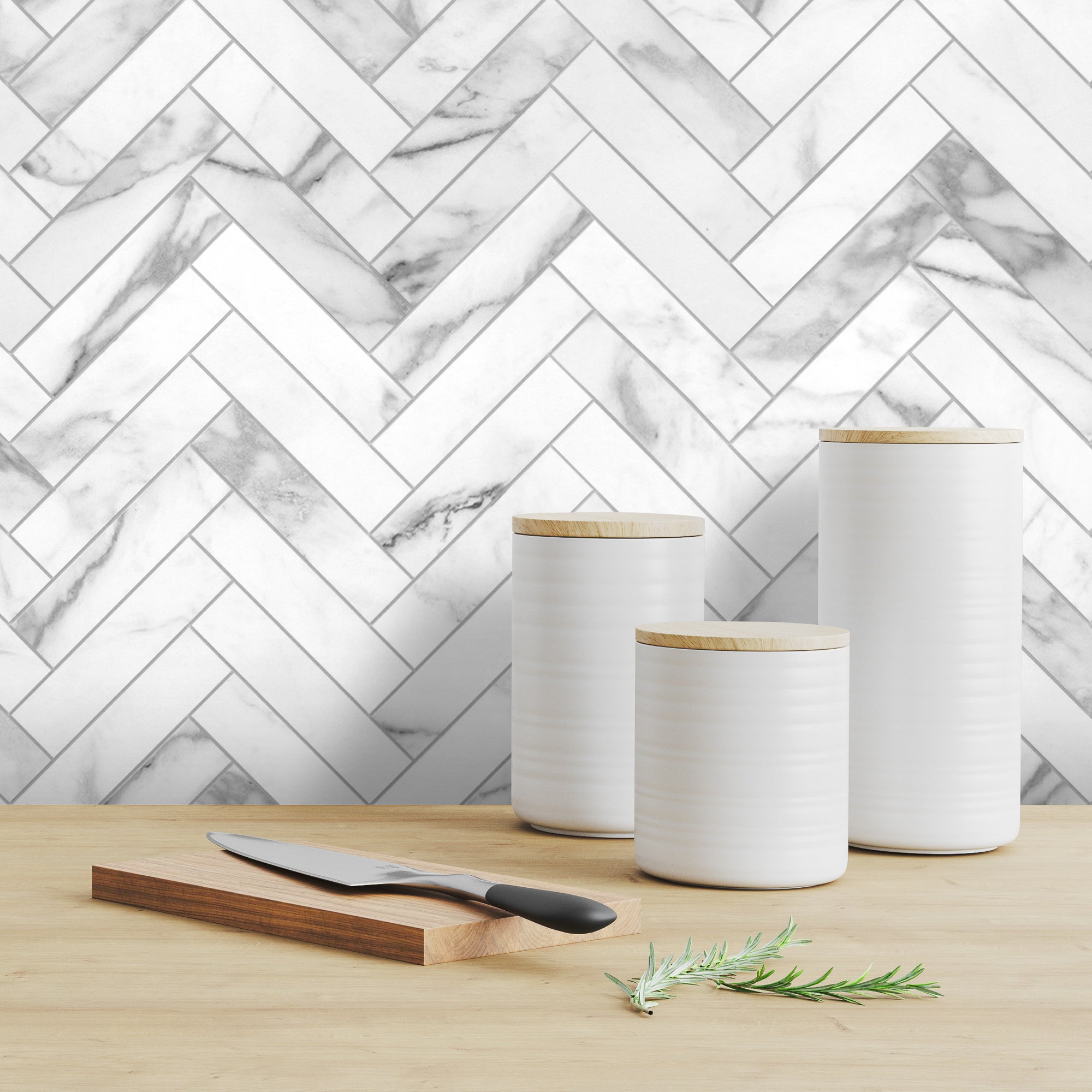 Herringbone Carrara White Peel and Stick Backsplash Tile