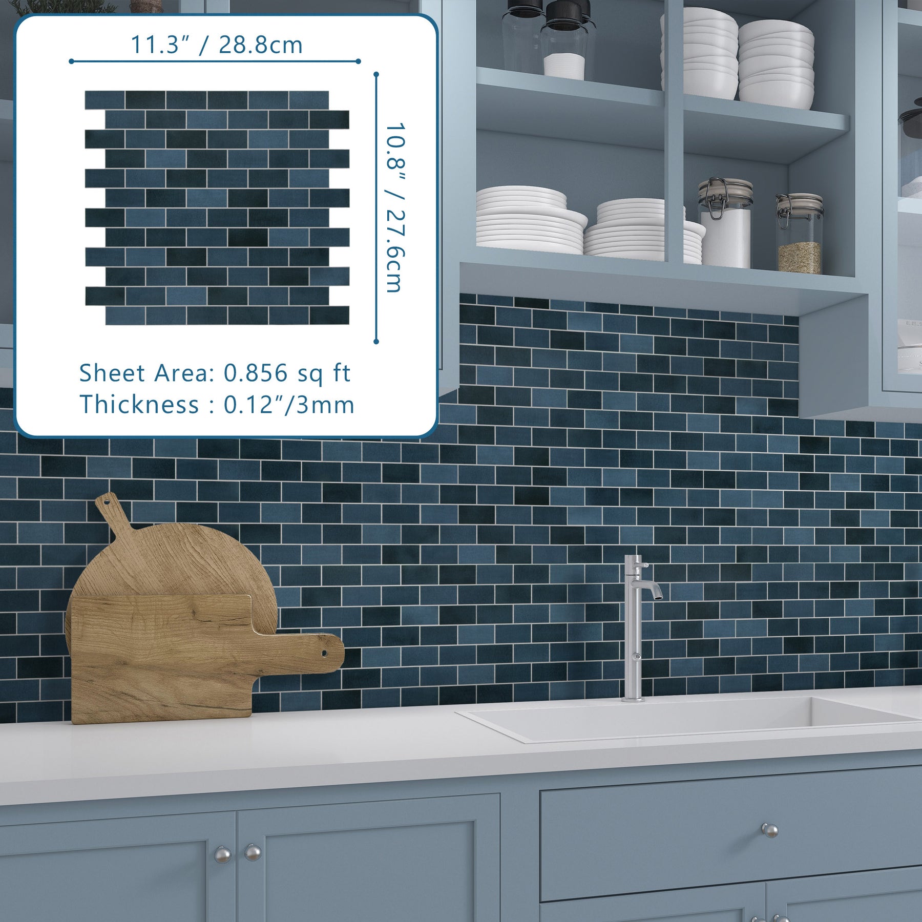 Subway Blue Mixed Peel and Stick Backsplash Tile