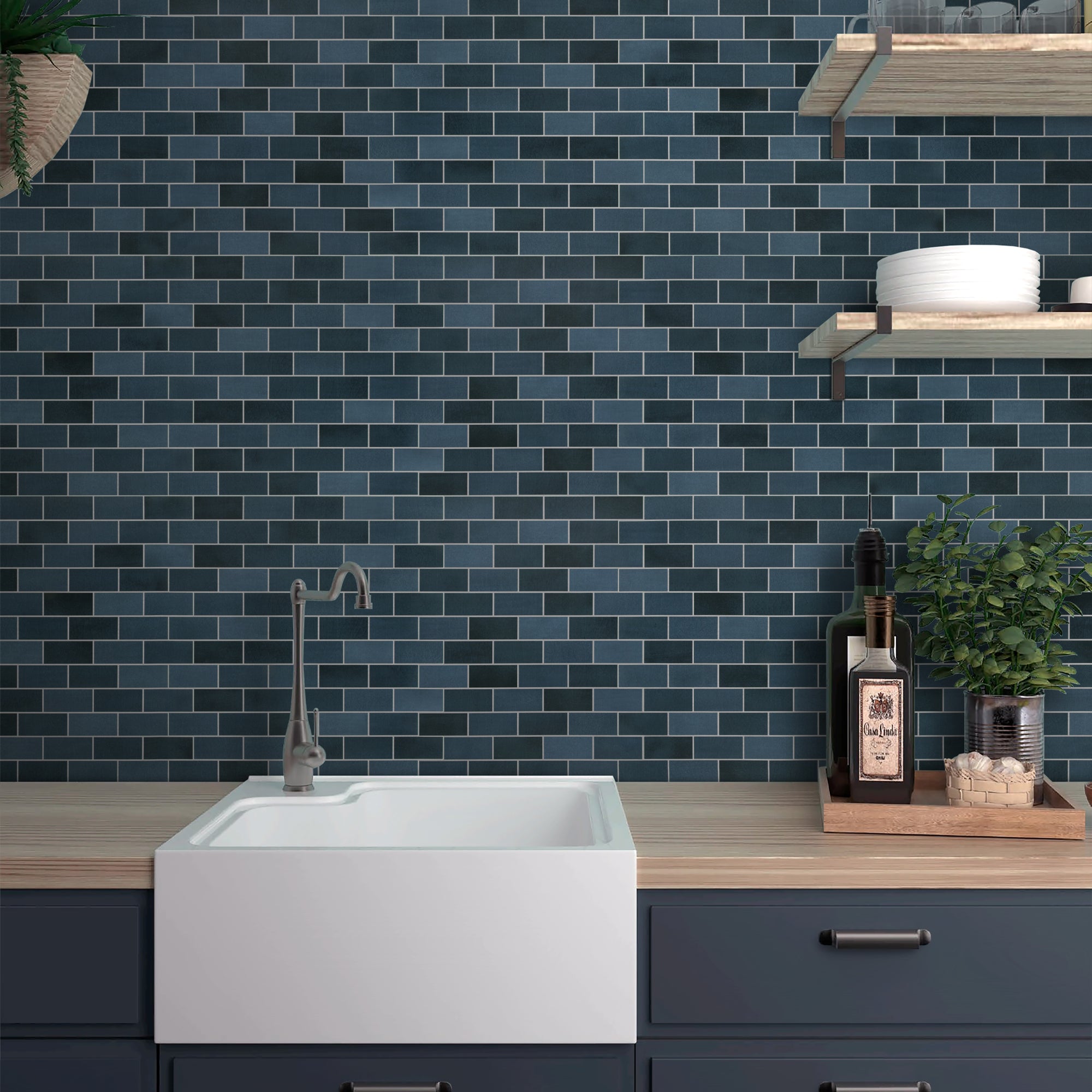Brick Blue Mixed Peel and Stick Backsplash Tile