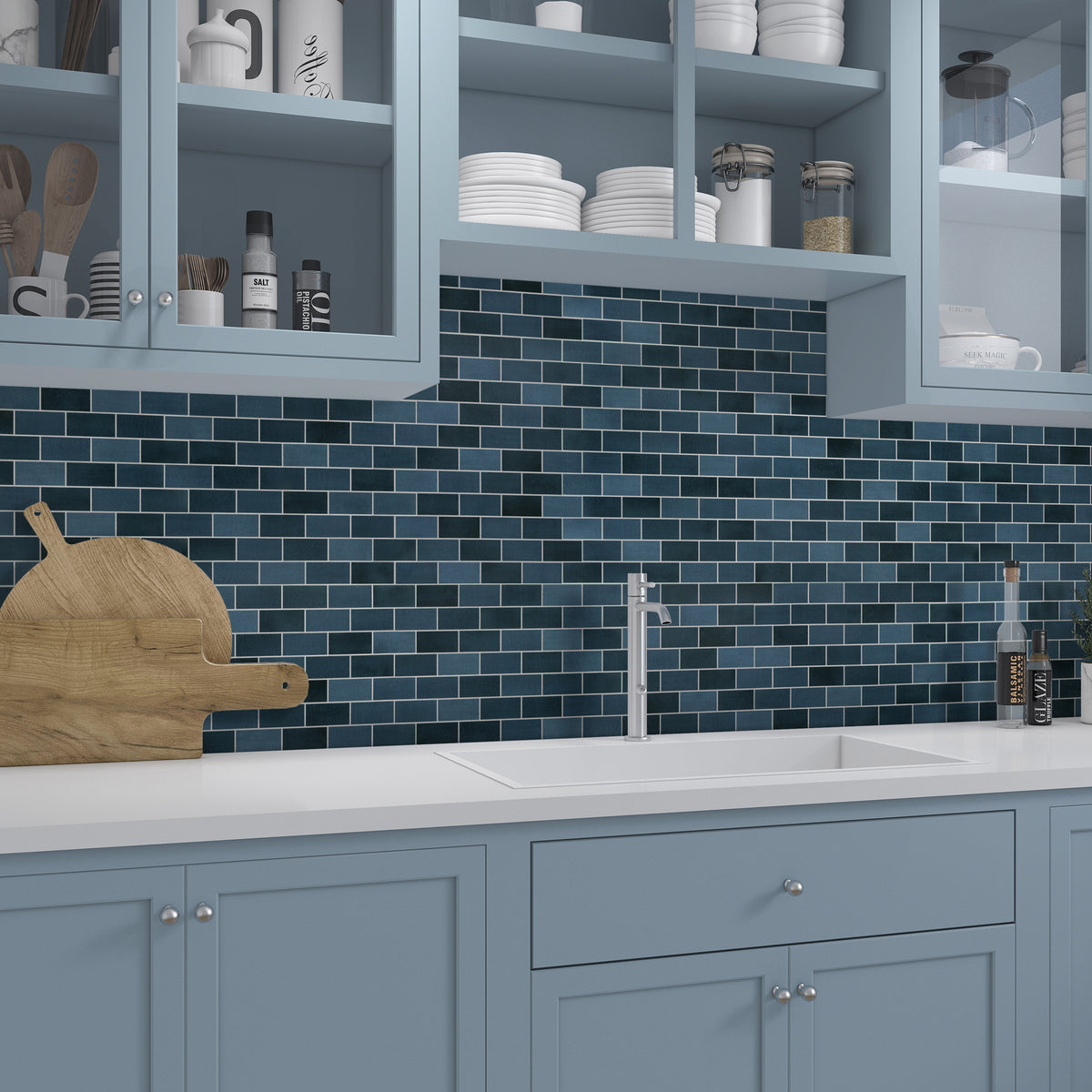 Subway Blue Mixed Peel and Stick Backsplash Tile
