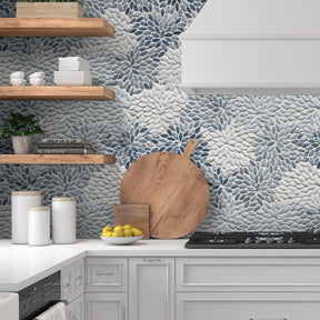 Flower Blue Mixed Recycled Glass Floor And Wall Mosaic Tile