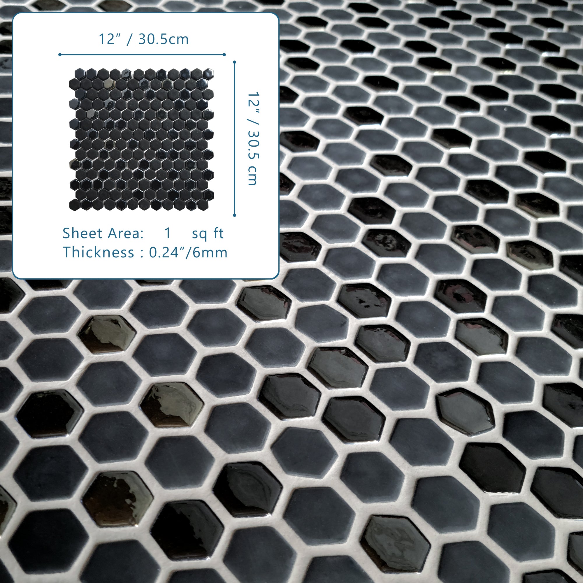 Black Iridescent Hexagon Recycled Glass Floor and Wall Mosaic Tile