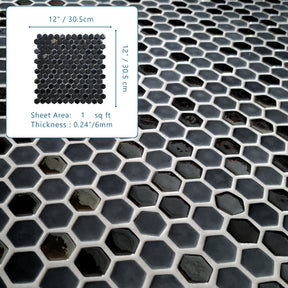 Black Iridescent Hexagon Recycled Glass Floor And Wall Mosaic Tile