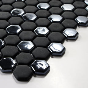 Black Iridescent Hexagon Recycled Glass Floor And Wall Mosaic Tile