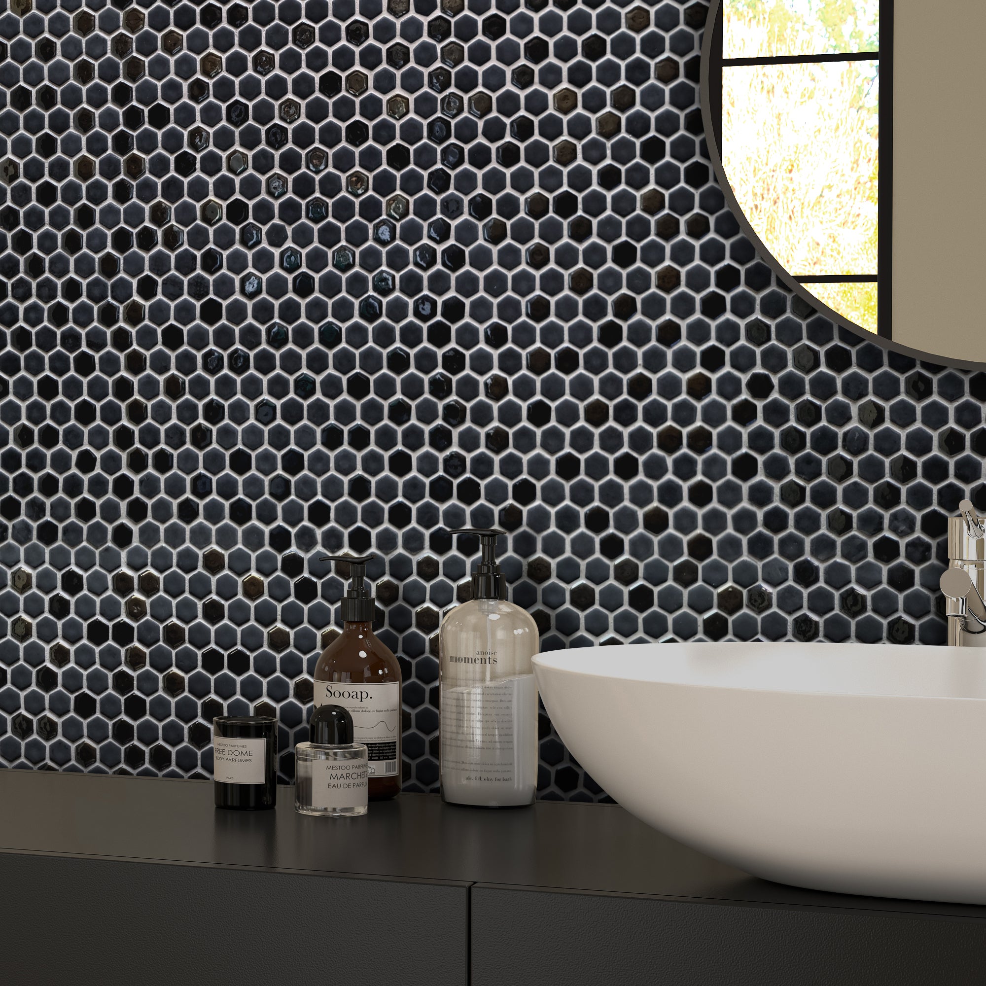 Black Iridescent Hexagon Recycled Glass Floor and Wall Mosaic Tile