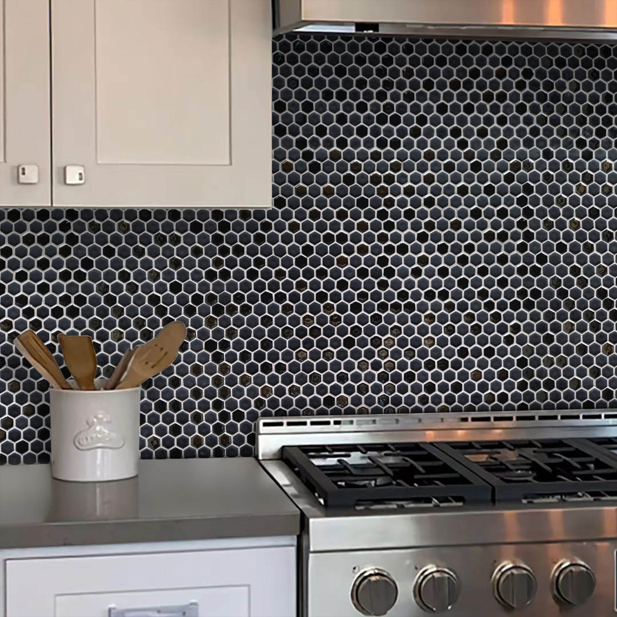 Black Iridescent Hexagon Recycled Glass Floor and Wall Mosaic Tile
