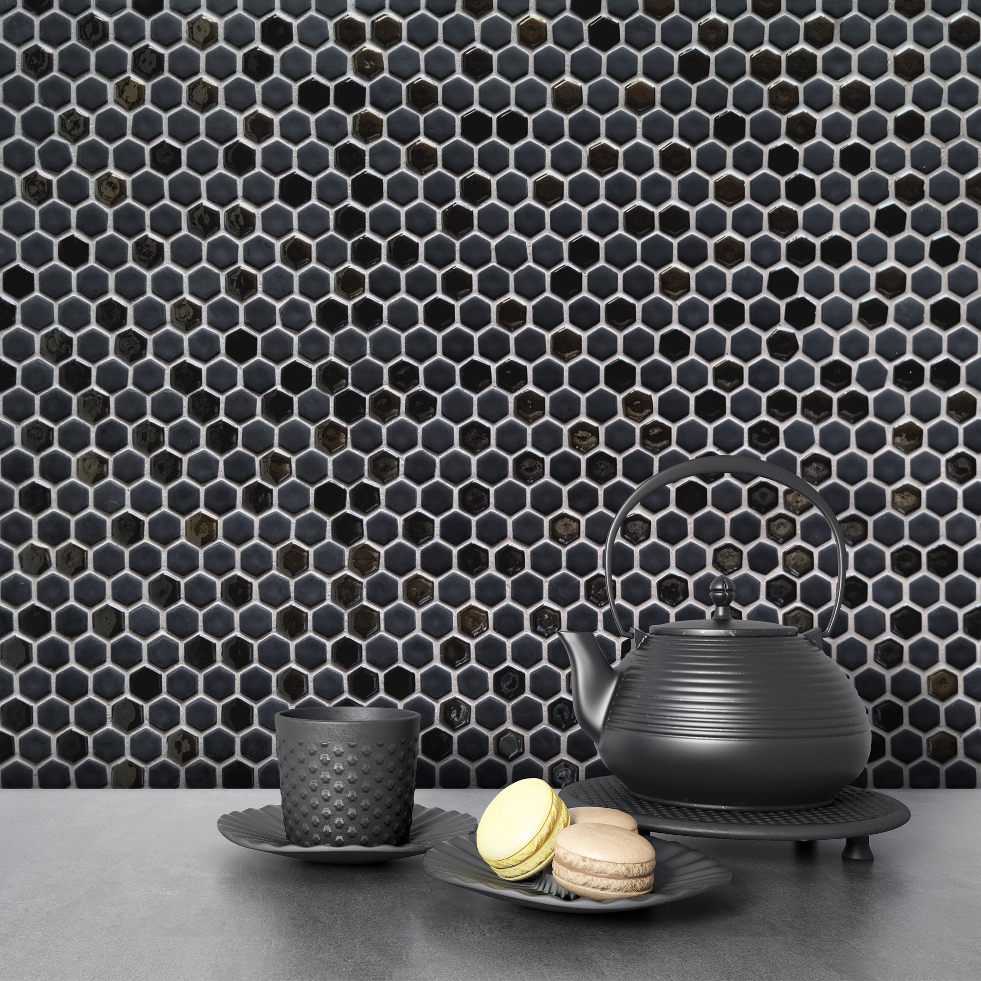 Black Iridescent Hexagon Recycled Glass Floor and Wall Mosaic Tile