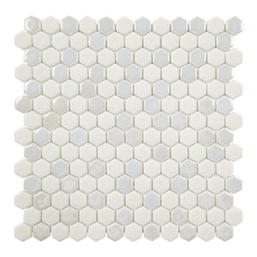White Iridescent Hexagon Recycled Glass Floor And Wall Mosaic Tile
