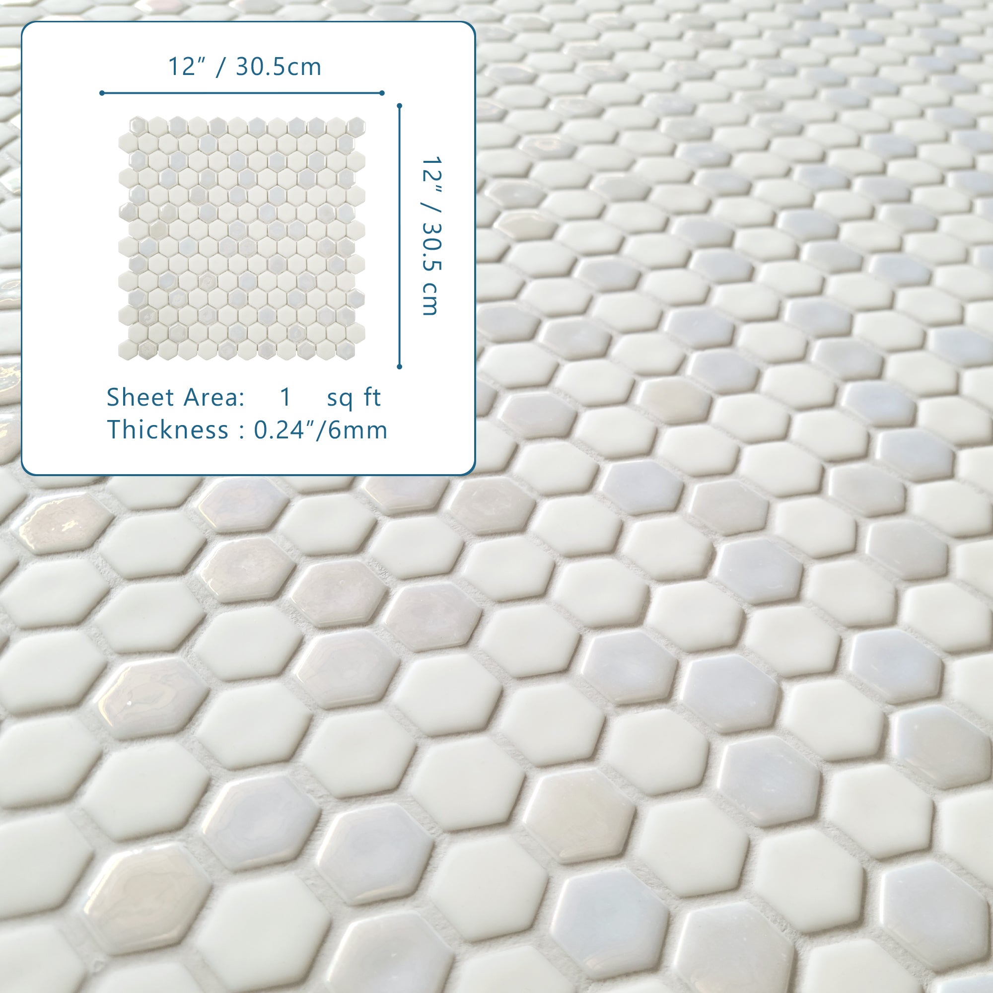 White Iridescent Hexagon Recycled Glass Floor and Wall Mosaic Tile