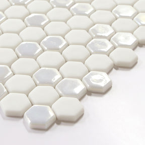 White Iridescent Hexagon Recycled Glass Floor And Wall Mosaic Tile