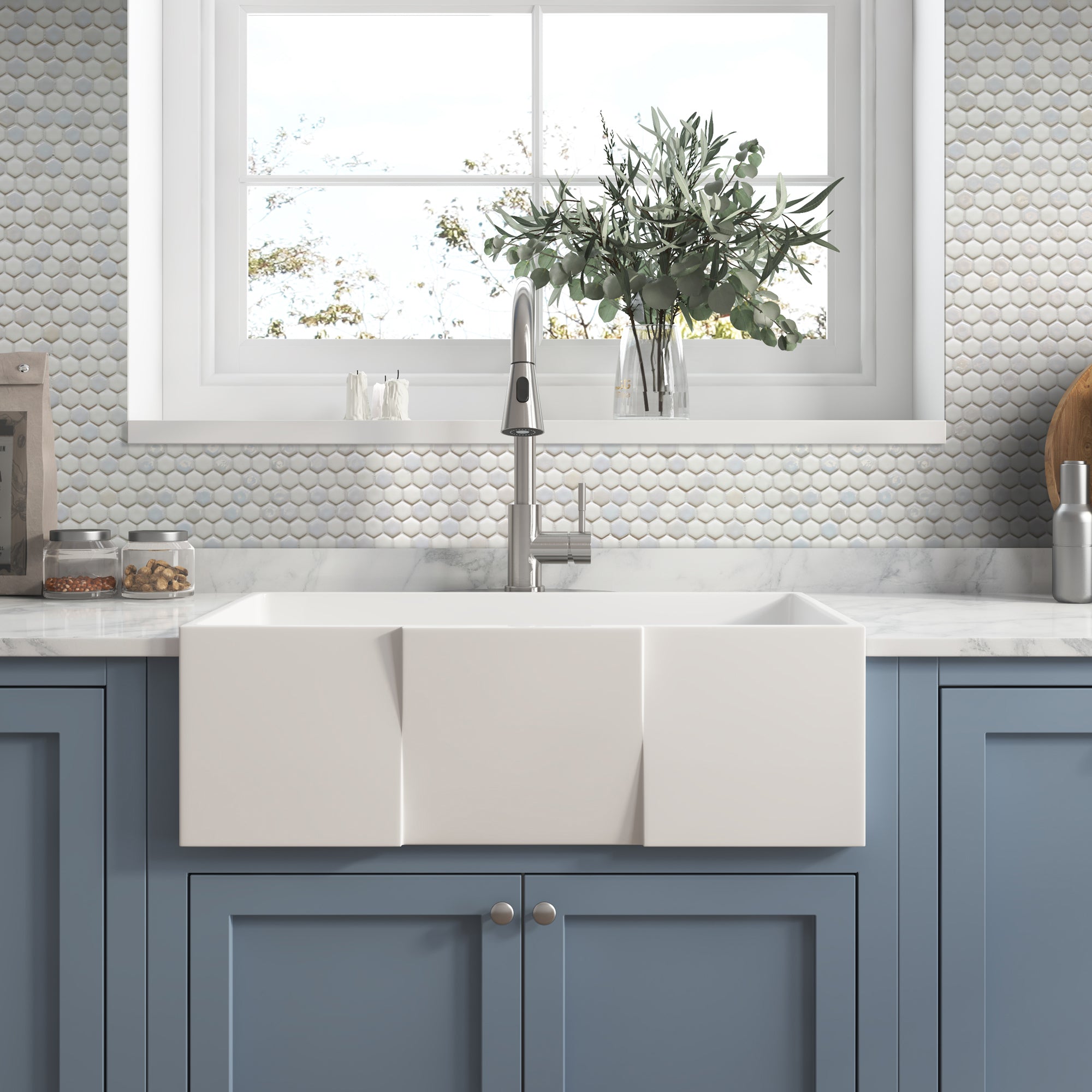 White Iridescent Hexagon Recycled Glass Floor and Wall Mosaic Tile