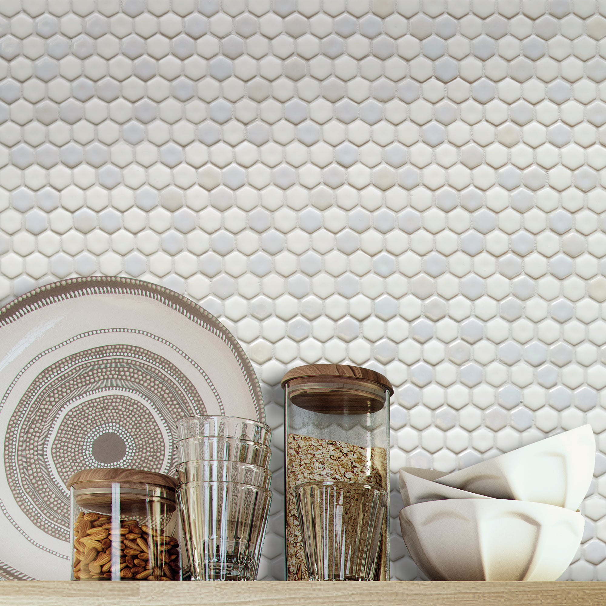 White Iridescent Hexagon Recycled Glass Floor and Wall Mosaic Tile