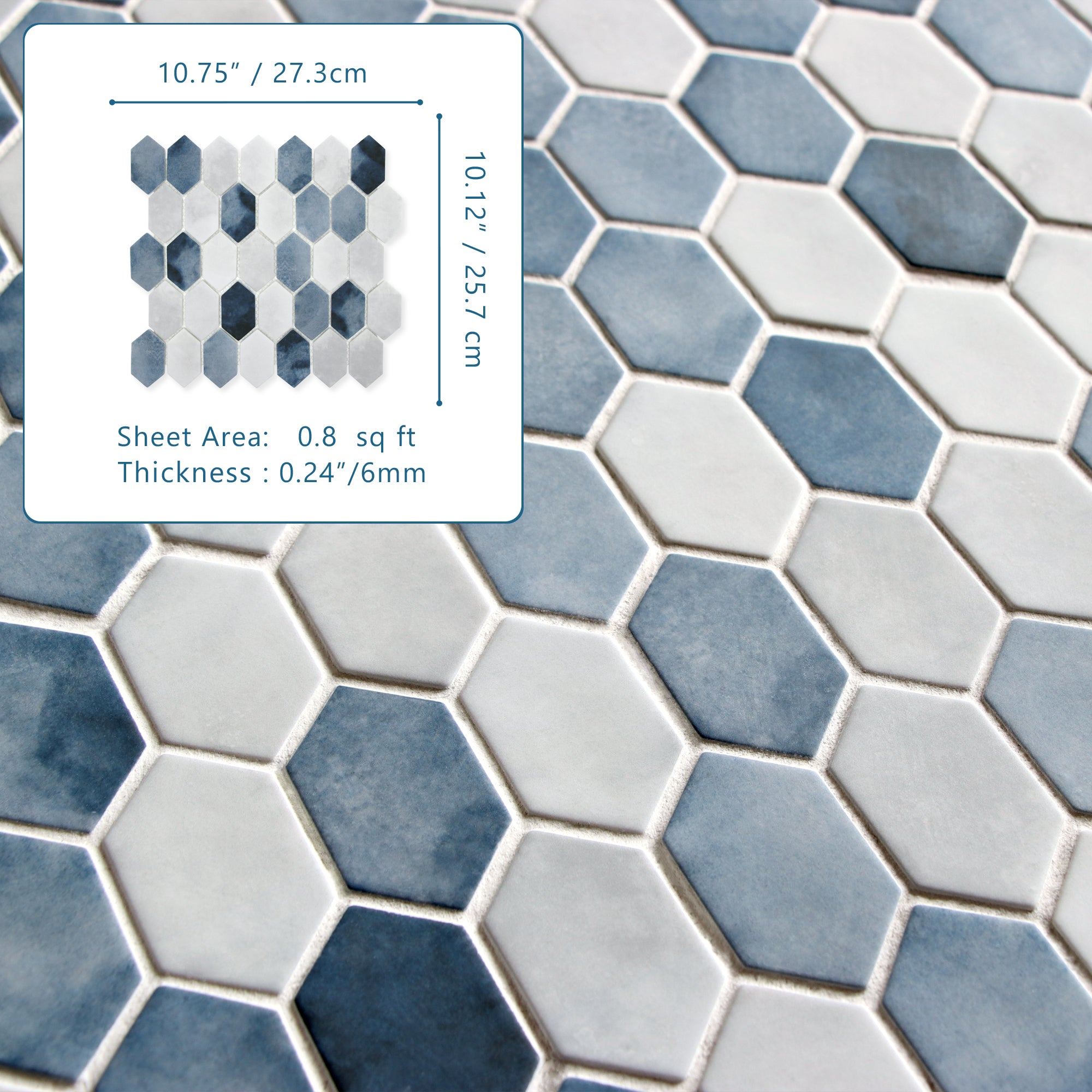 Picket Blue Recycled Glass Floor and Wall Mosaic Tile