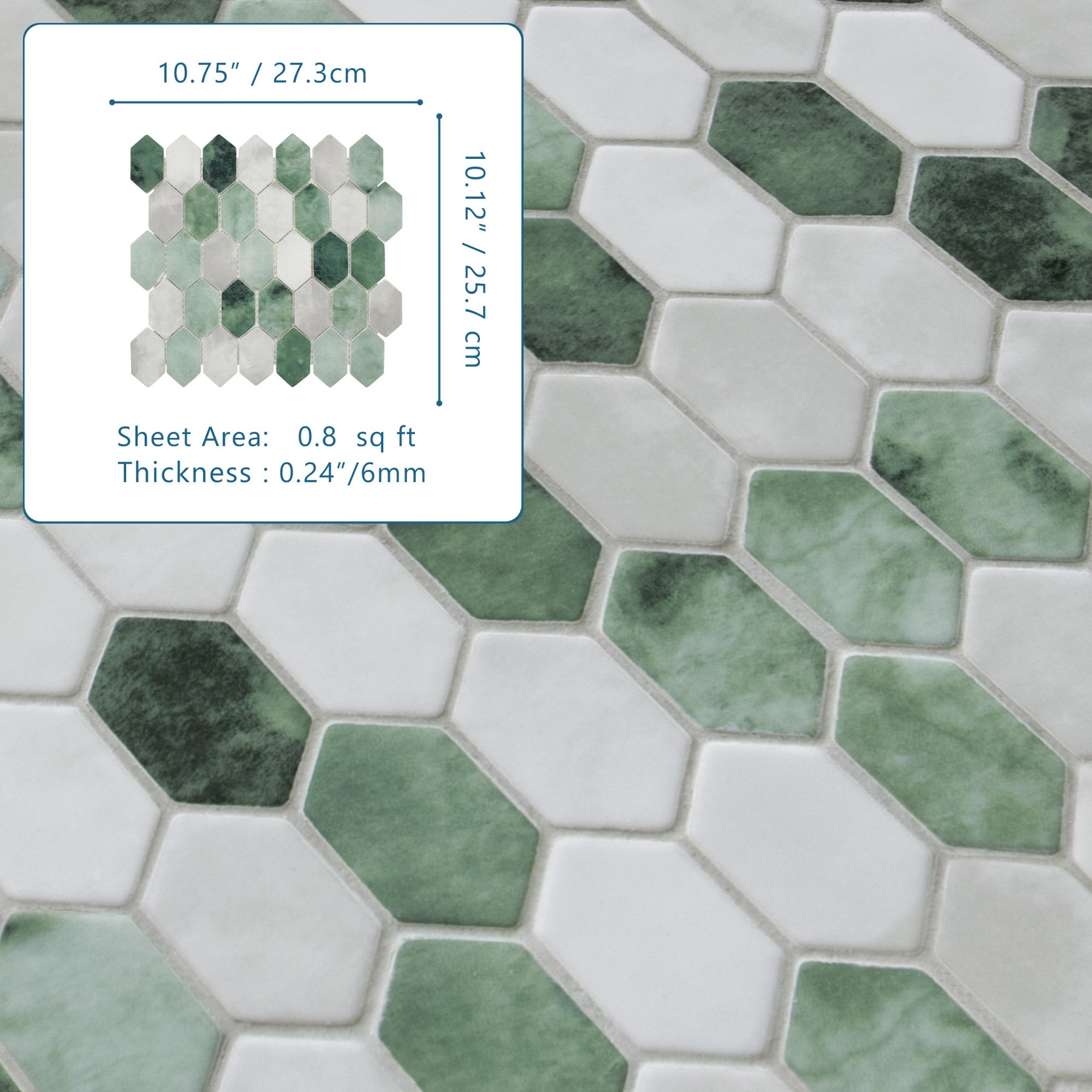 Picket Green Recycled Glass Floor and Wall Mosaic Tile