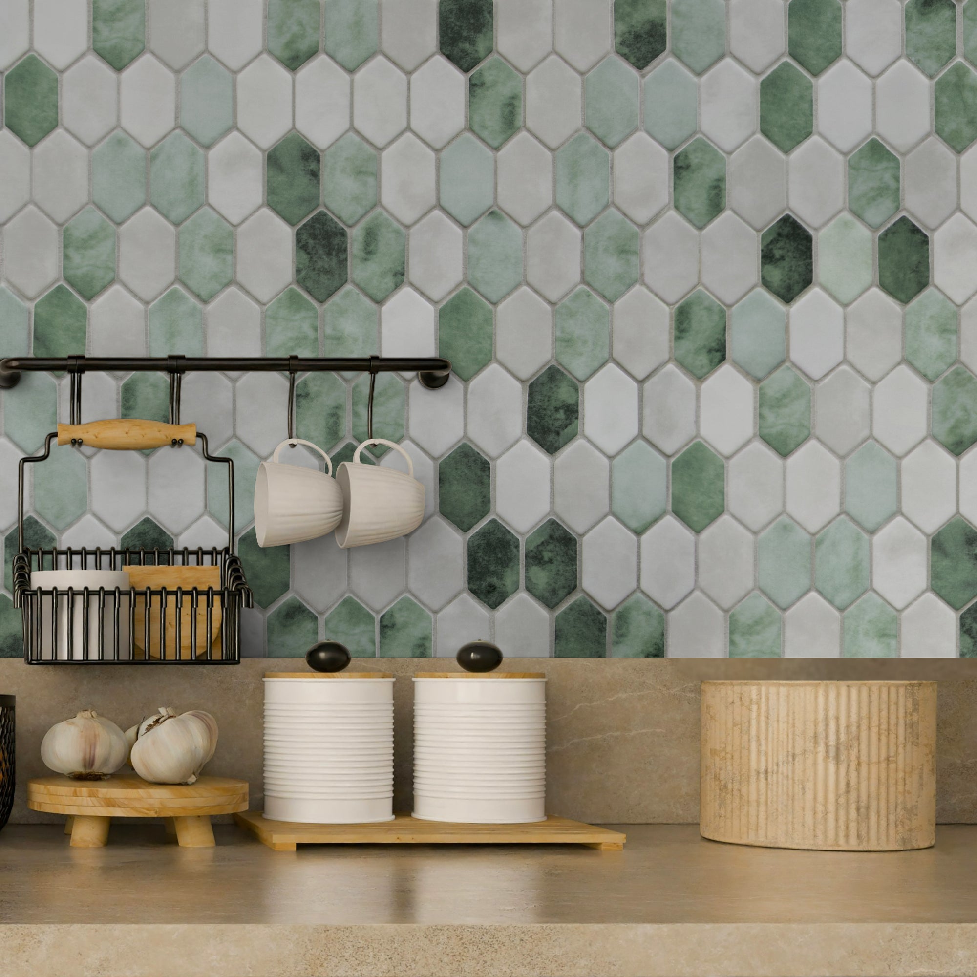 Picket Green Recycled Glass Floor and Wall Mosaic Tile