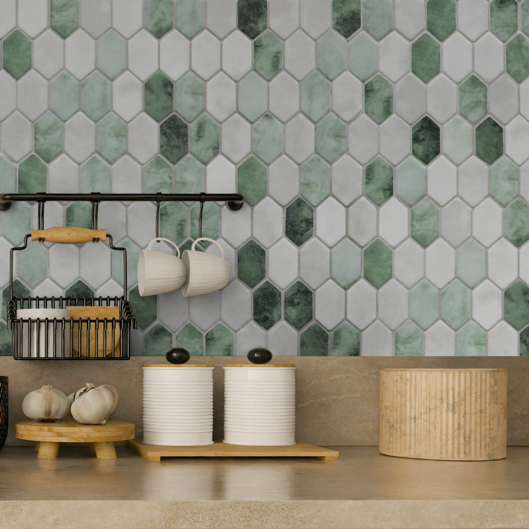 Picket Green Recycled Glass Floor and Wall Mosaic Tile