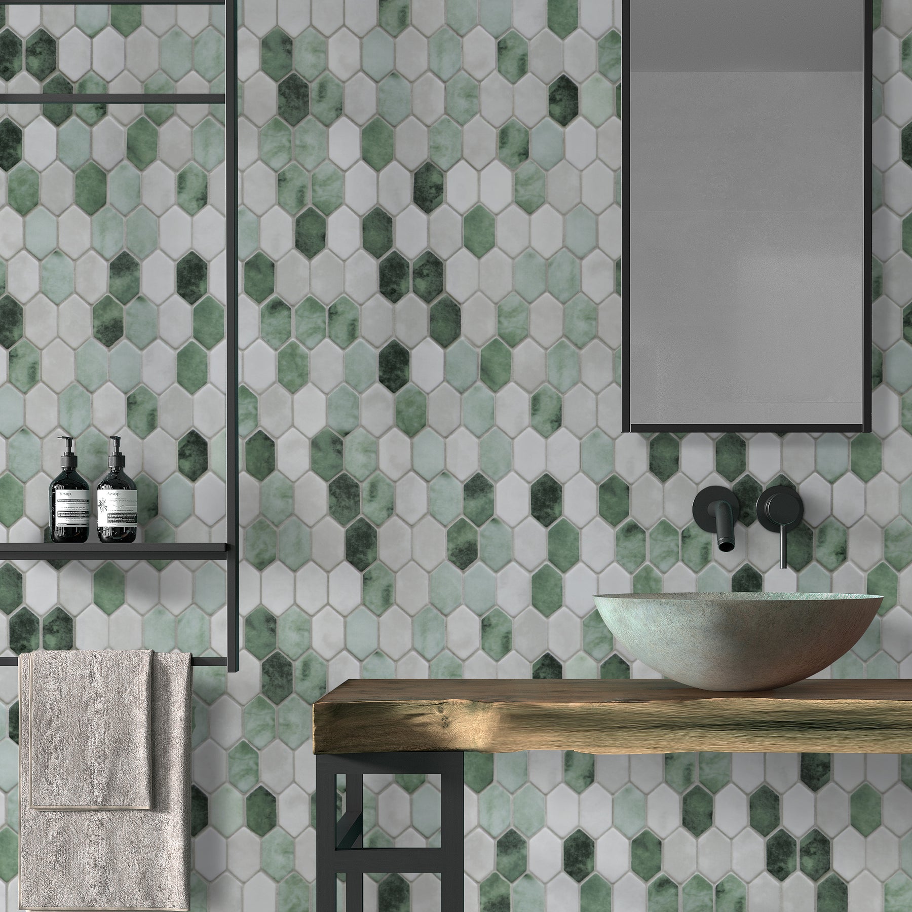 Picket Green Recycled Glass Floor and Wall Mosaic Tile