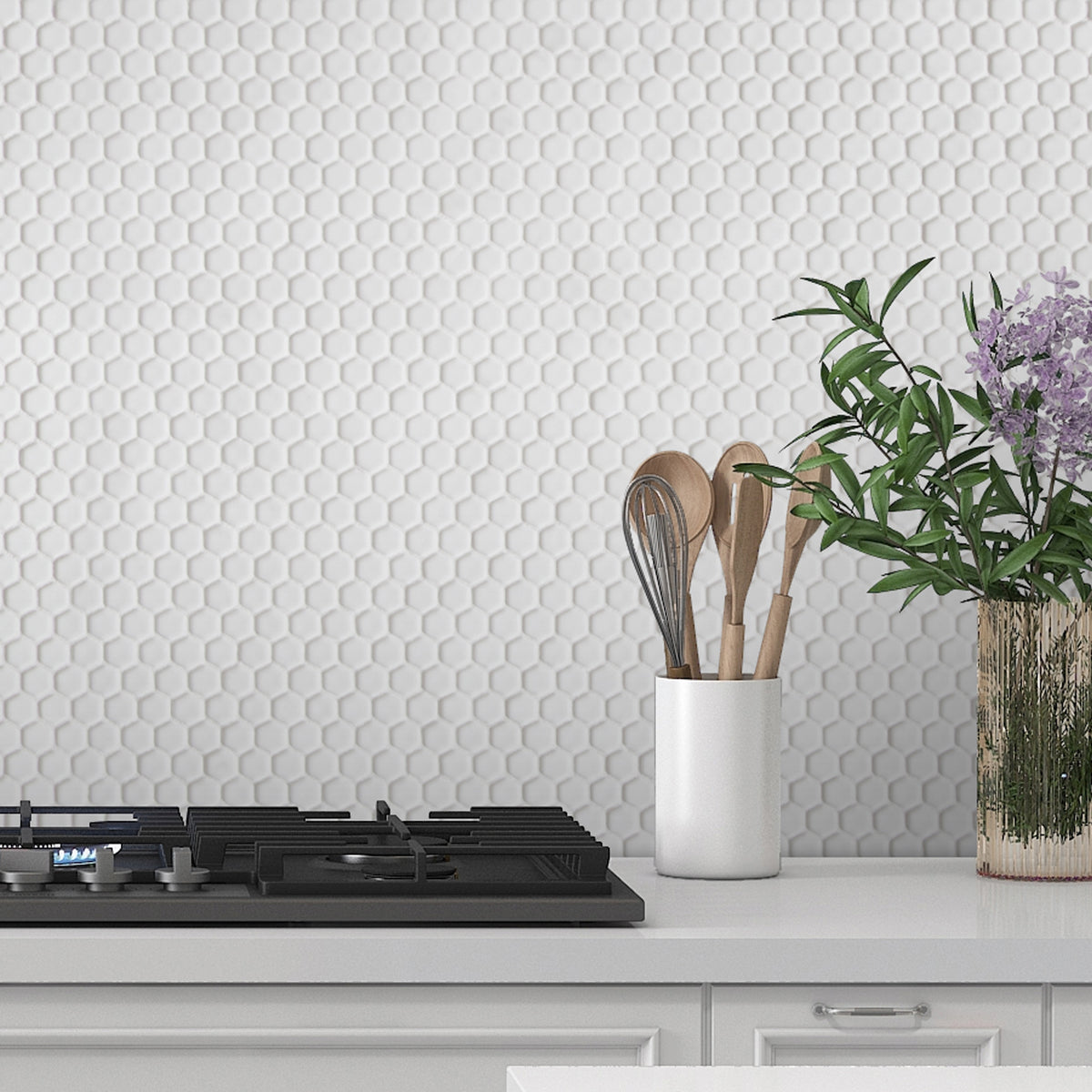 Hexagon White Recycled Glass Floor And Wall Mosaic Tile