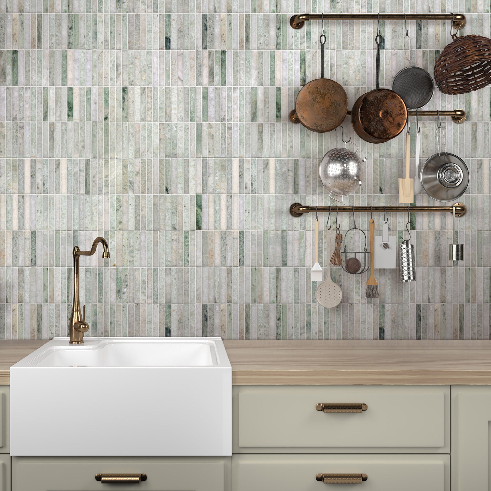 Stacked Green Natural Marble Floor and Wall Mosaic Tile