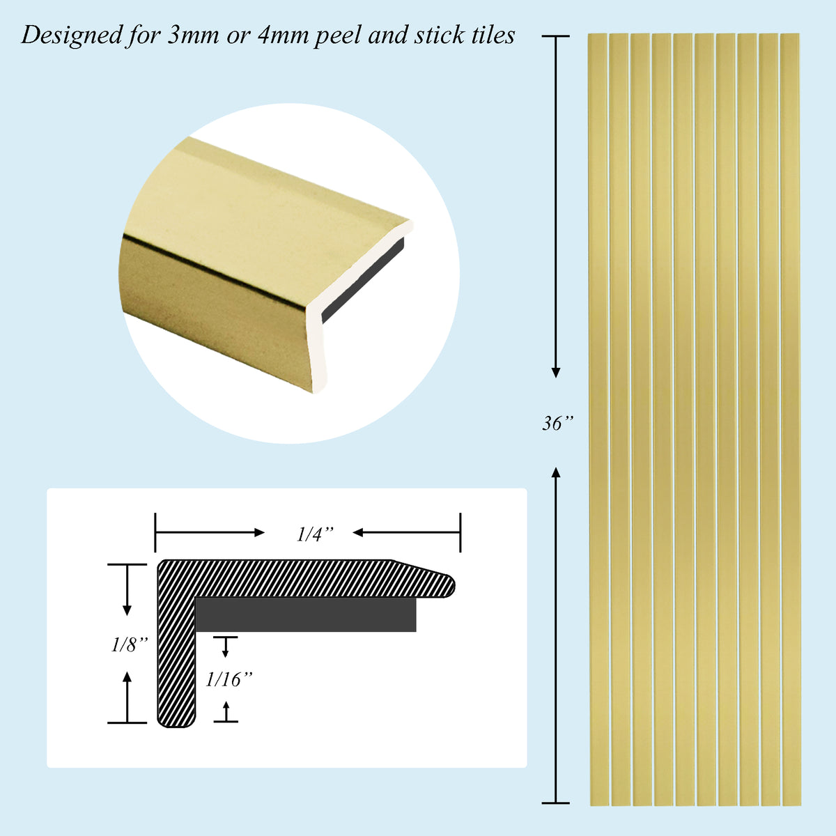 Moldura de aluminio para salpicadero autoadhesiva, 10 piezas, 36 pulgadas, dorado brillante