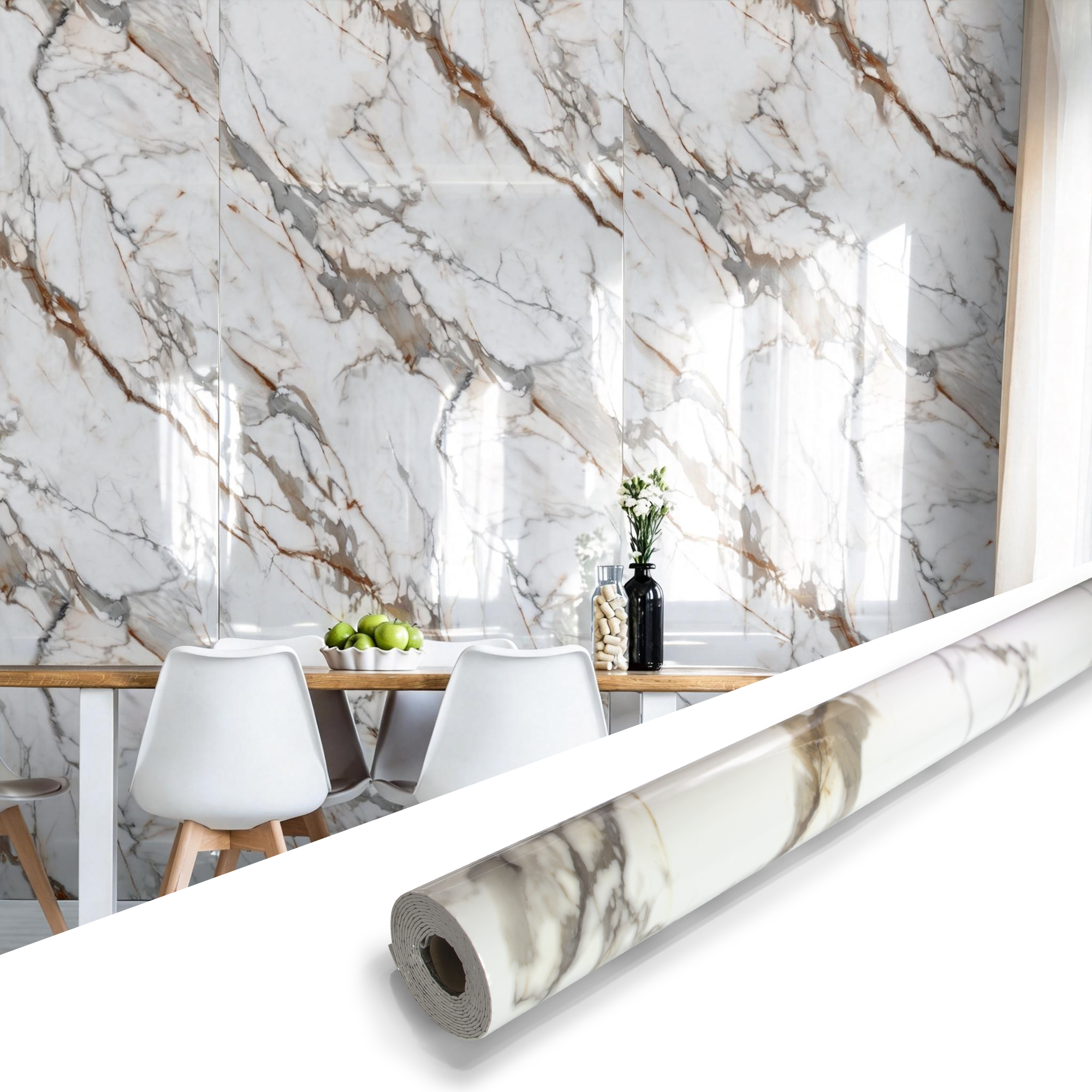 118" x 47" Calacatta Gold Glossy Peel and Stick Wall Paneling Roll