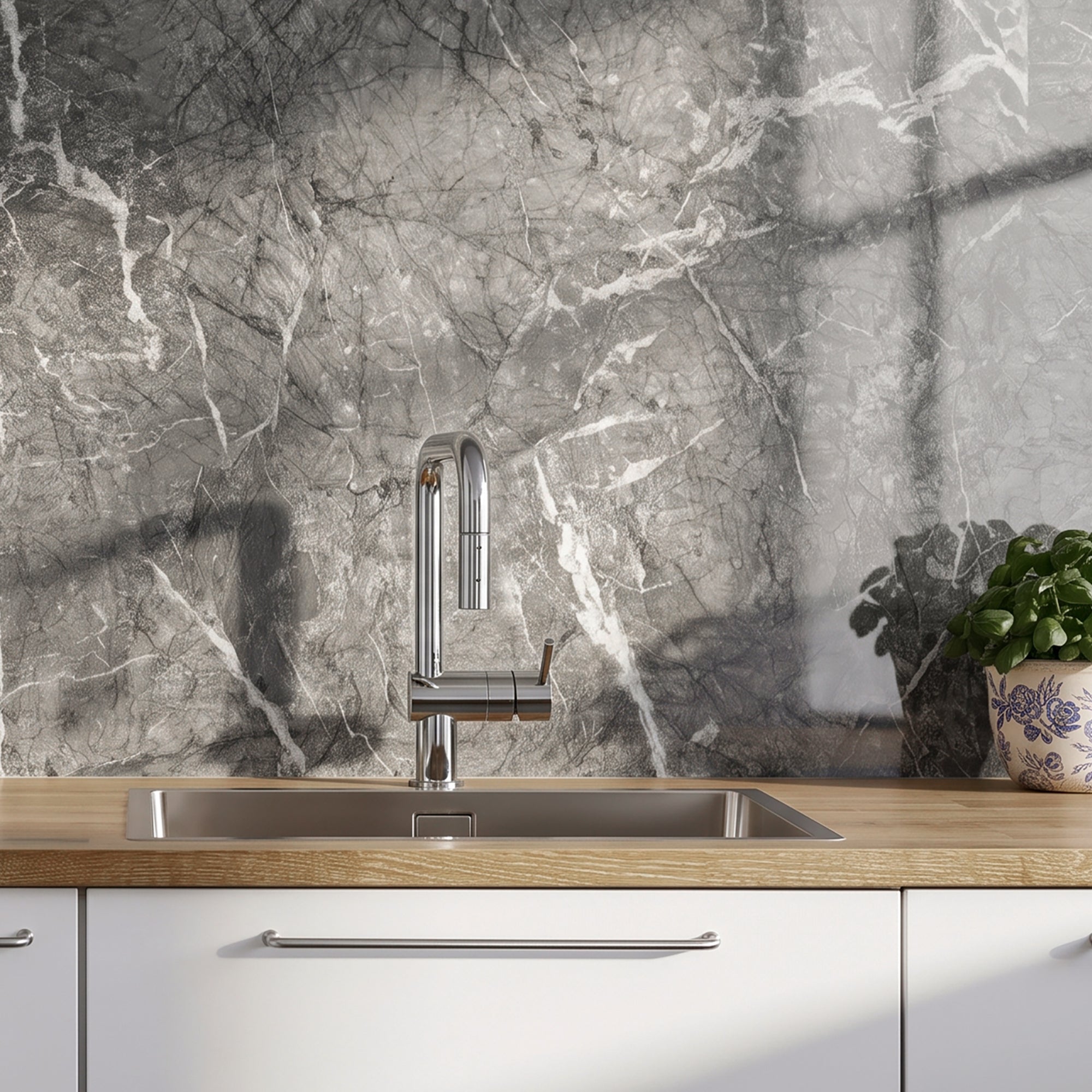 Glossy Bardiglio Grey Peel and Stick Wall Paneling Roll