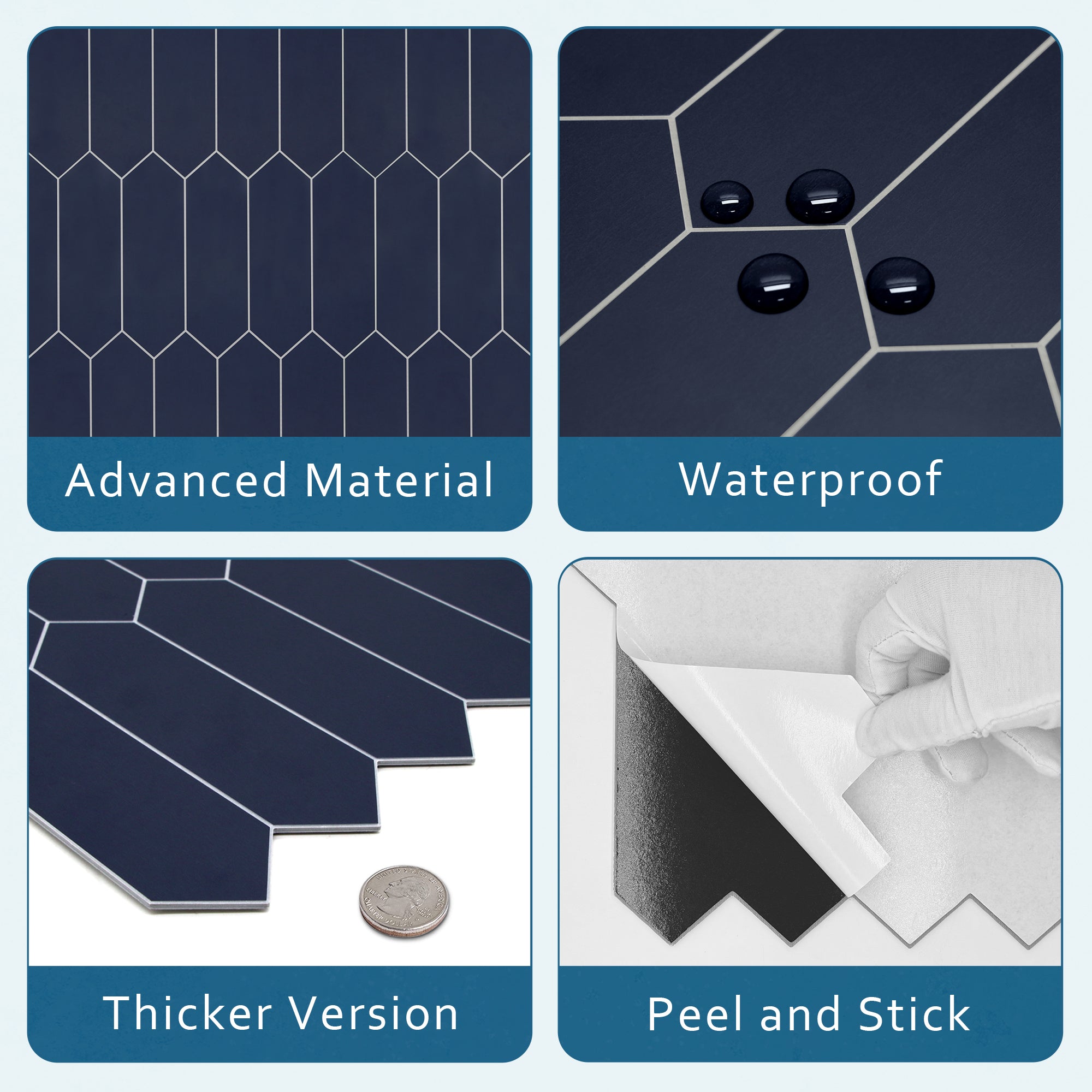 Navy Blue Picket Long Hexagon Peel and Stick Tile