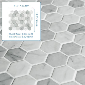 White Carrara 11.7" x 10.2" Hexagon Recycled Glass Floor And Wall Mosaic Tile