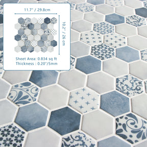 Cement Blue 11.7" x 10.2" Hexagon Recycled Glass Floor And Wall Mosaic Tile