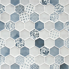 Cement Blue 11.7" x 10.2" Hexagon Recycled Glass Floor And Wall Mosaic Tile